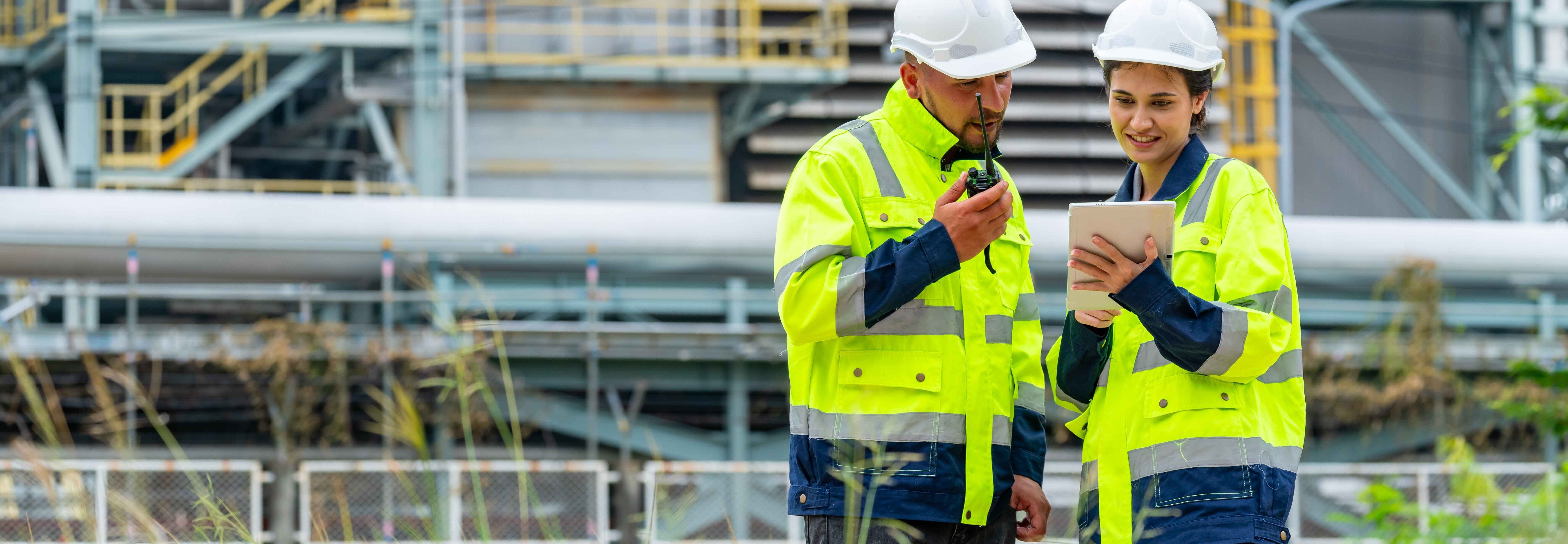 Zwei Ingenieure stehen vor Industrieanlage und schauen auf ein Tablet