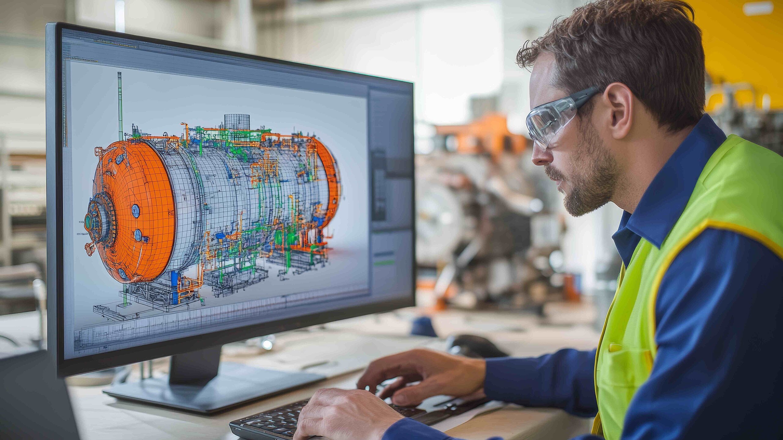 Ingenieur mit Weste und Brille schaut auf Computer
