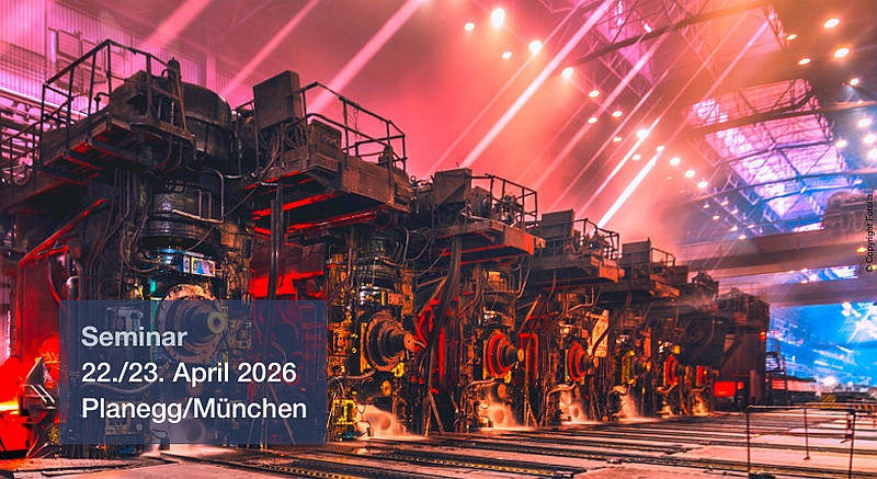 Seminarankündigung. Bild einer Maschinenhalle mit dem Datum der Veranstaltung.